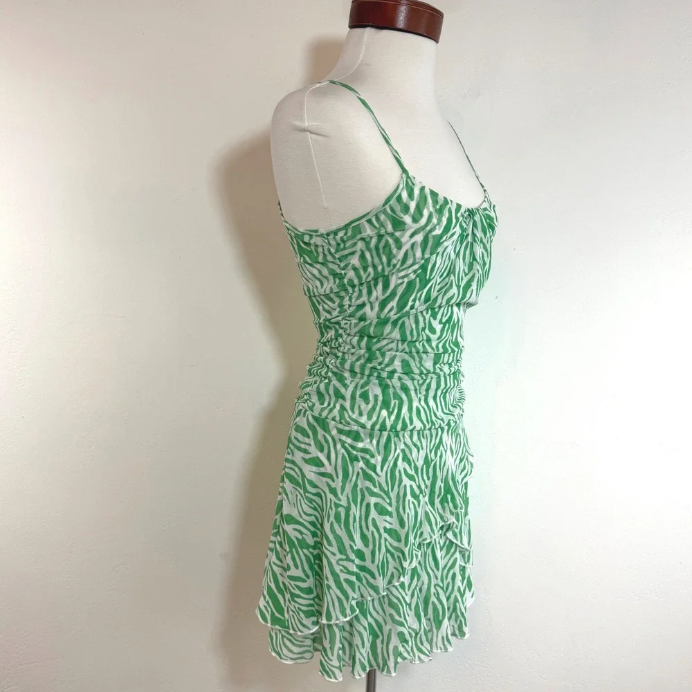 Diane von Furstenberg Target Mesh Ruched Mini Dress‎ Green Zebra Print Y2K XS